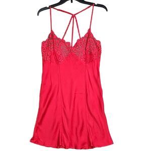Jezebel Rita Chemise Red Satin with Sheer Lace Detail Nightgown‎ Pajamas Medium